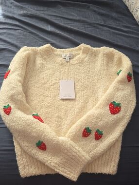 & Other Stories Cream Chenille Sweater with Strawberry Embroidery